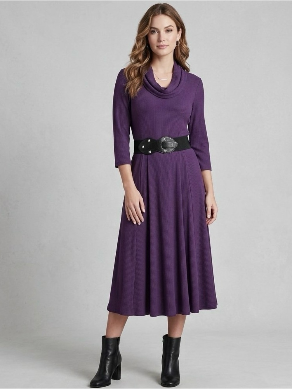 Vintage Robbie Bee Purple Cowl Neck Ribbed Midi Dress with Wide Black Belt Sz L
